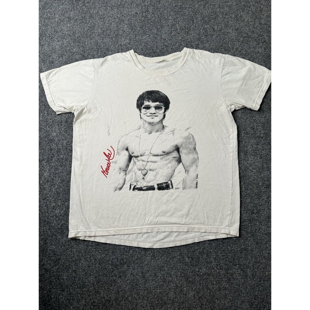 Mens T Shirt Bruce Lee Graphic White Boxy Fit Short, Size L